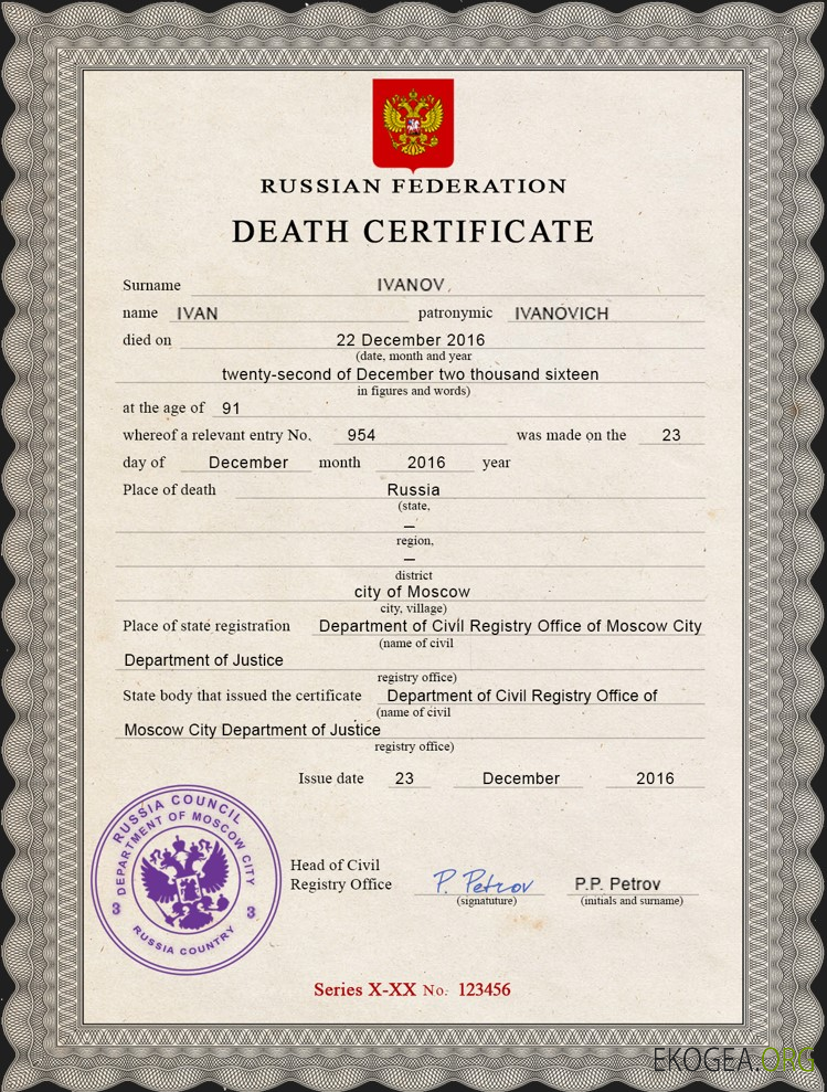 Modèle PSD de certificat de décès de l'état civil de la Russie